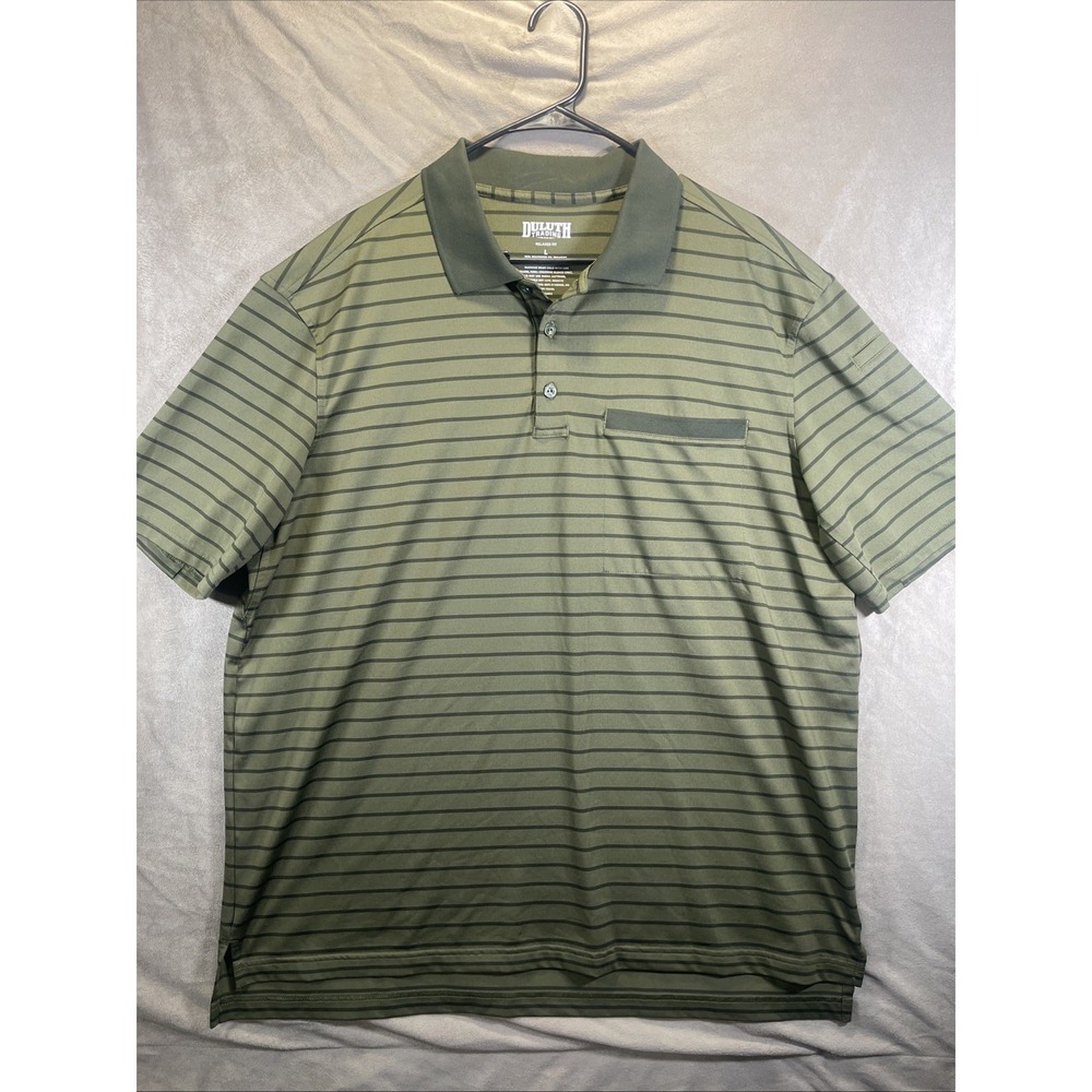 Duluth Trading Men's Large Relaxed fit green short sleeve striped polo shirt
